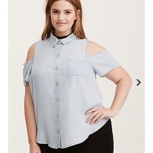 Denim Tie Front Cold Shoulder